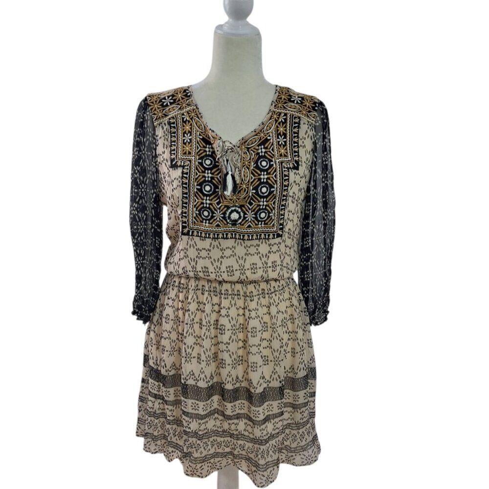 Lucky Brand Women's Boho Beige Black Embroidered 3/4 Sleeve Tassel Dress Sz M